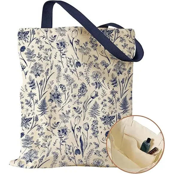Aesthetic Canvas Tote Bag With Inner Pocket For Women Cloth