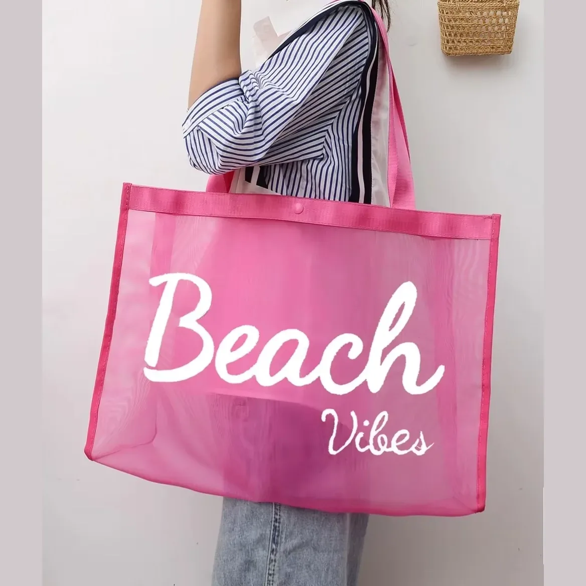 Custom Logo Large Capacity Reusable Nylon Wire Mesh Shopping Tote