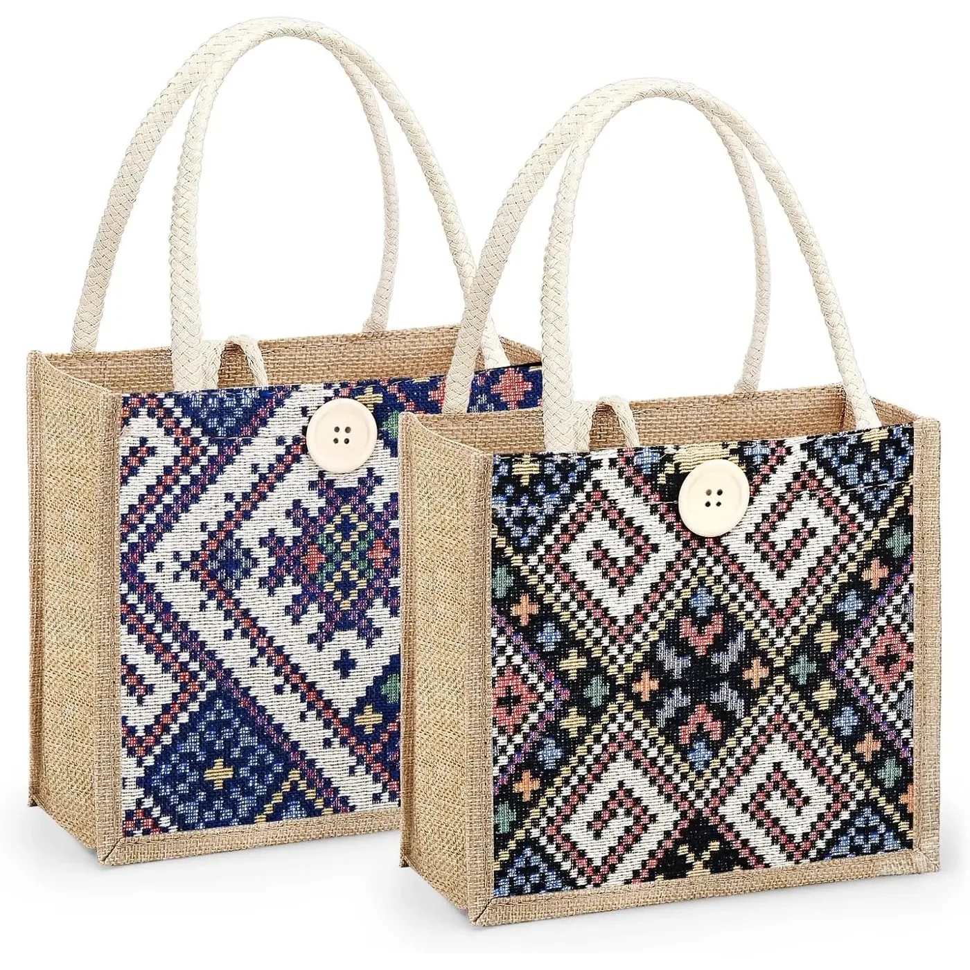 Lady Ethnic Linen Canvas Portable Lunch Bag Zipper Closure Polyester