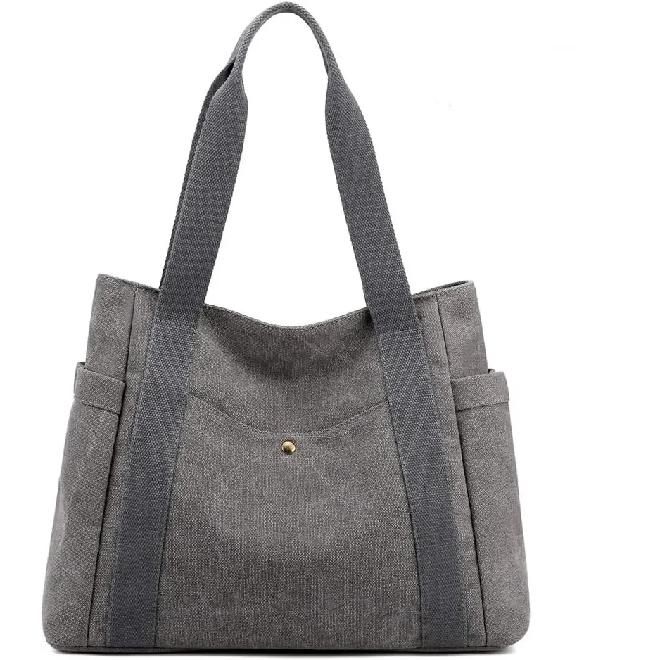 Women Canvas Long Handle Tote Bag Multi Pocket Retro Casual