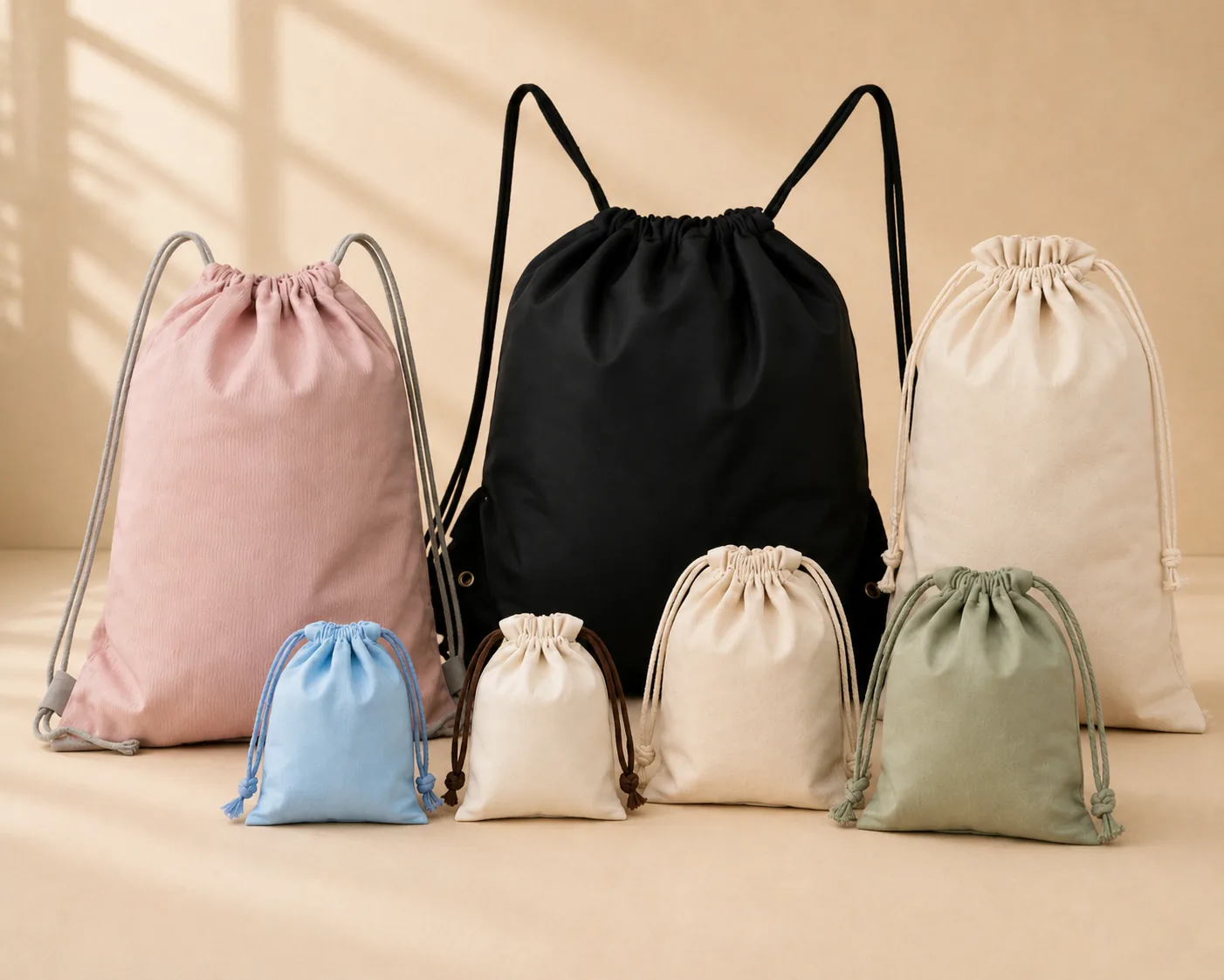 Drawstring bags and backpack in assorted colors