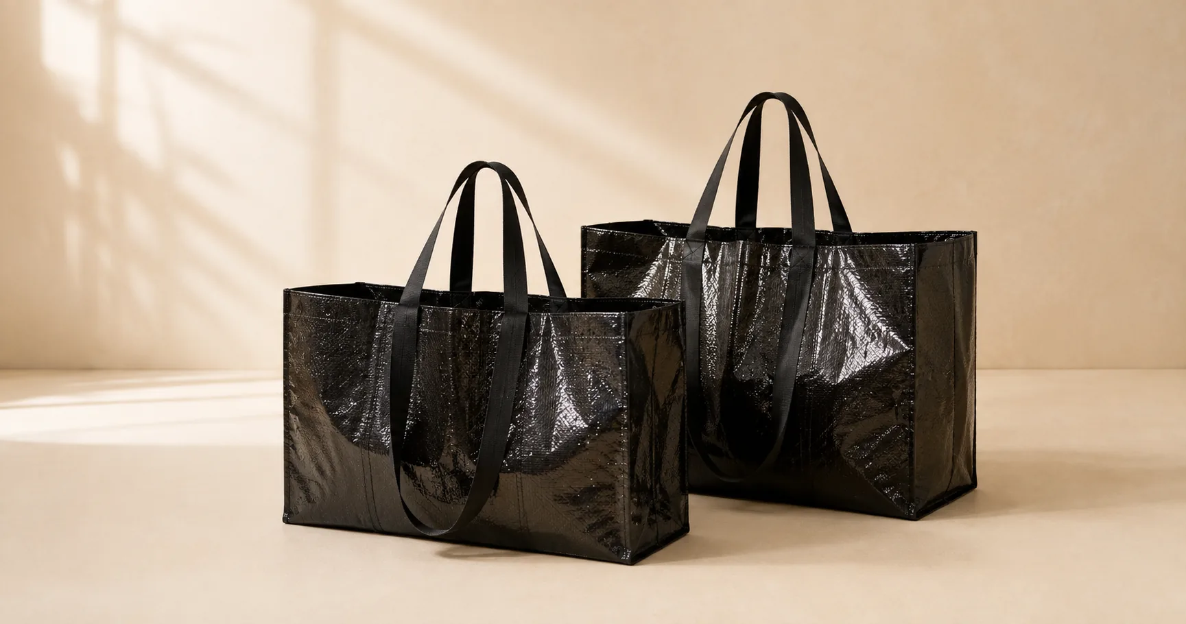Glossy woven PP shopping totes in two sizes