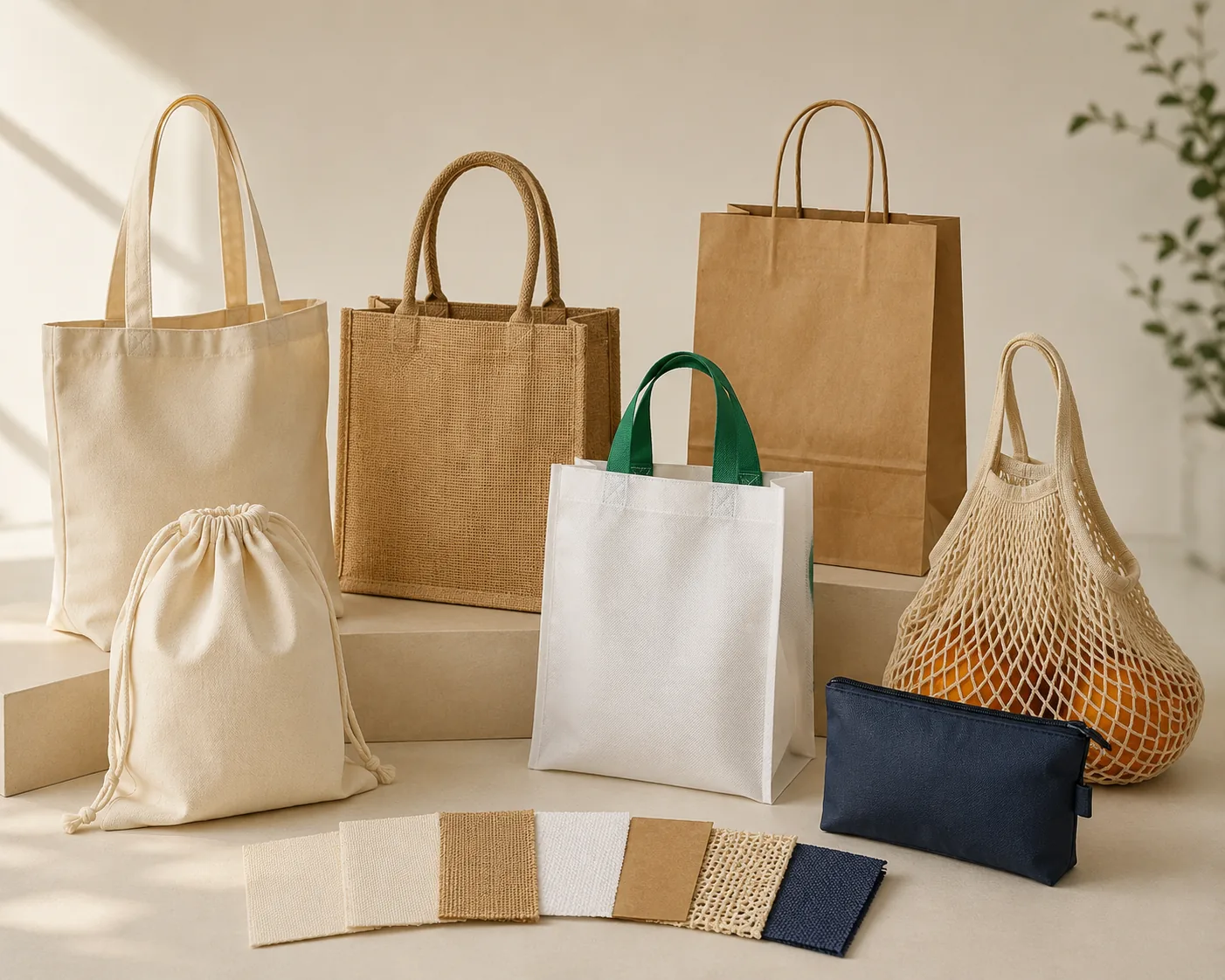 Canvas, jute, non-woven and mesh bags with material swatches